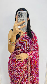 Elegant Rani Pink Zigzag Print Designer Saree with Decorative Lace Border