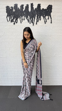 Elegant Charcoal Grey Floral Print Saree with Designer Ethnic Border & Tassels