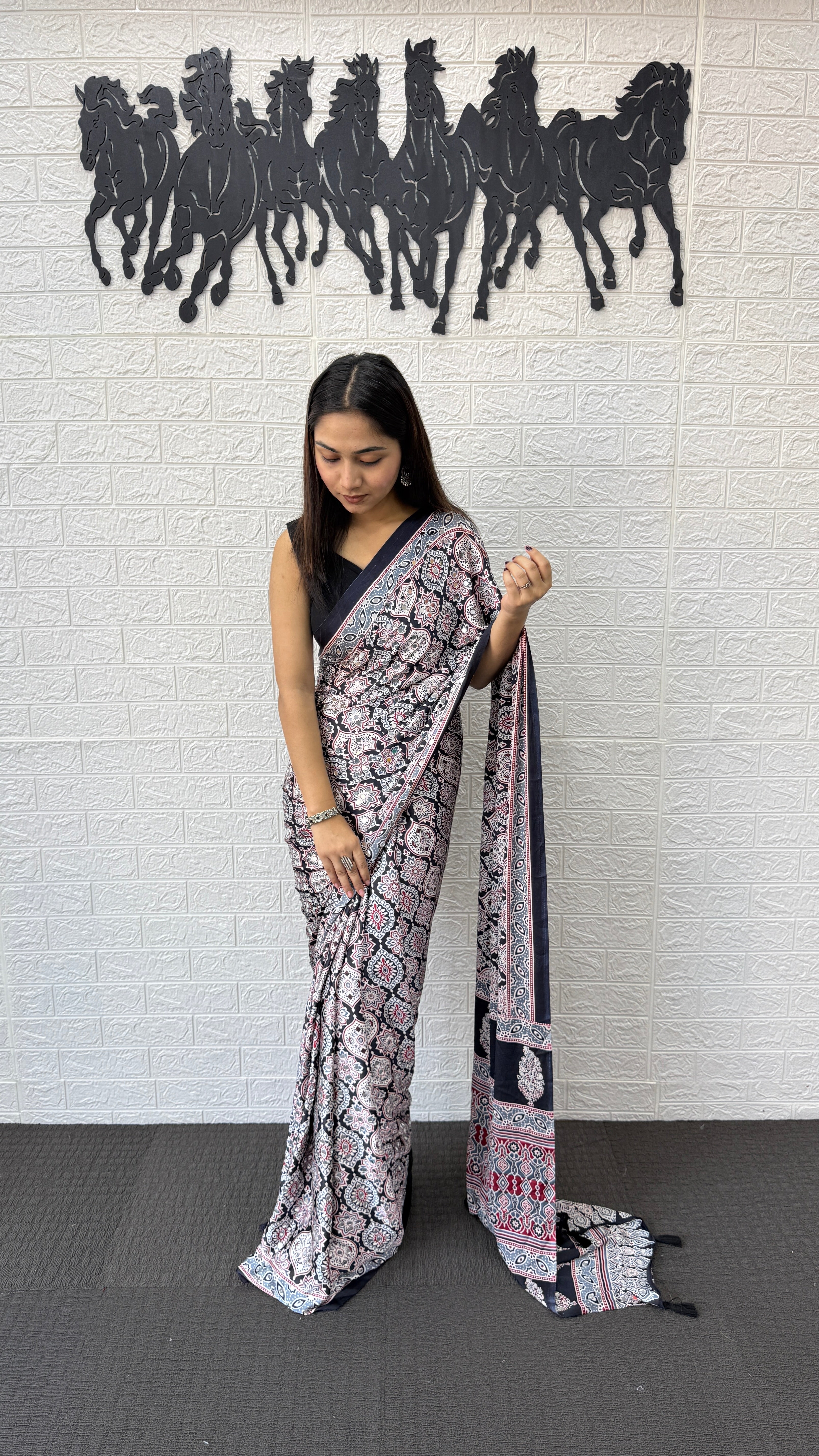 Elegant Charcoal Grey Floral Print Saree with Designer Ethnic Border & Tassels