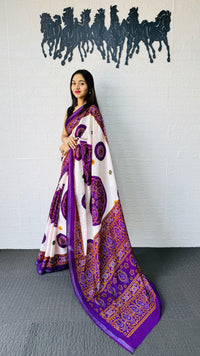 Graceful Ivory & Royal Purple Traditional Printed Saree with Statement Ethnic Pallu
