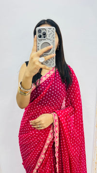 Luxury Rani Pink Bandhani Printed Saree with Elegant Scalloped Border & Classic Festive Finish