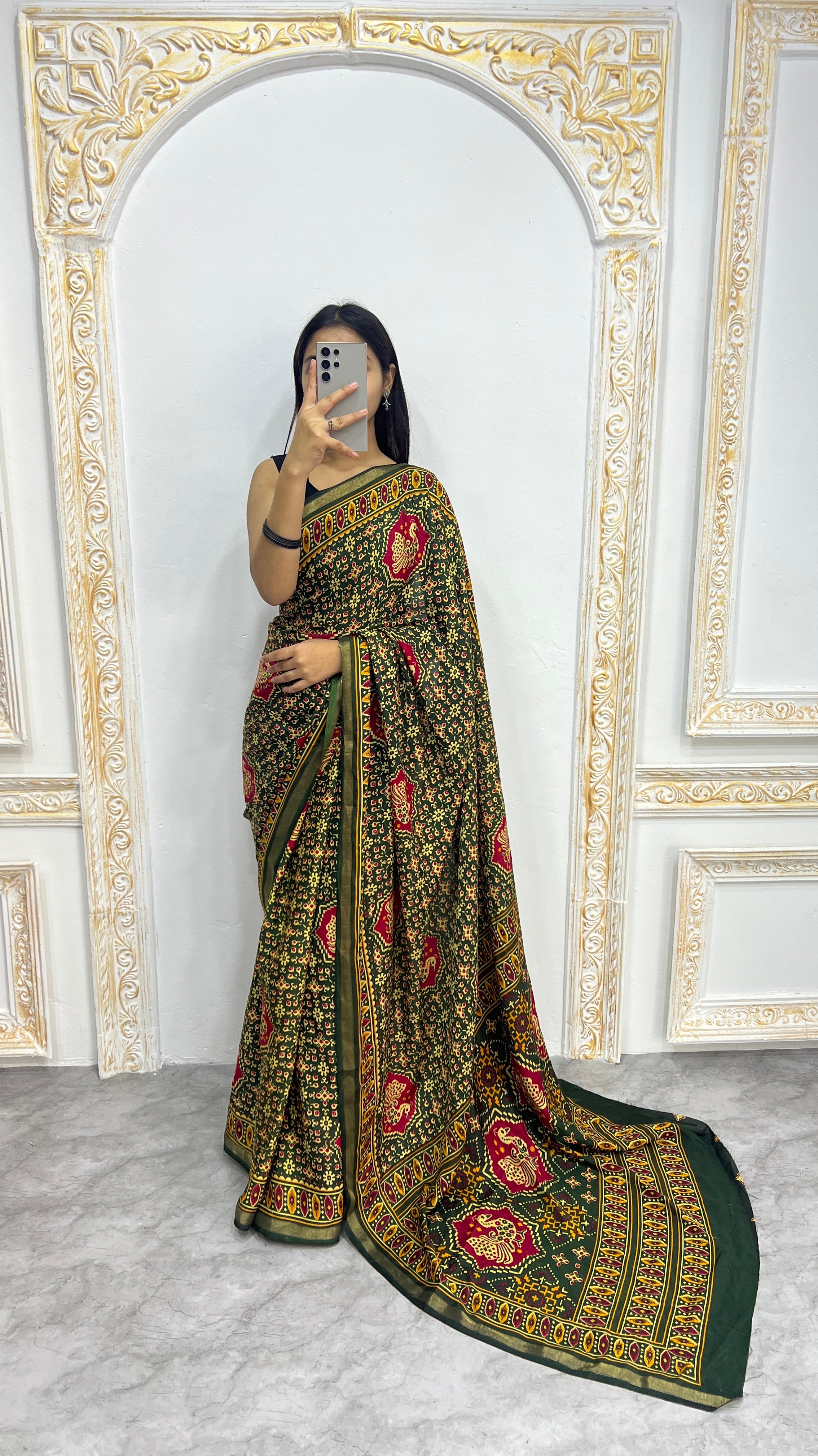 Luxury Olive Green Traditional Printed Saree with Heritage Motifs & Rich Ethnic Border