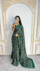 Luxury Emerald Green Ajrakh-Inspired Printed Saree with Intricate Heritage Motifs & Grand Designer Pallu