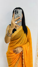 Luxury Sunshine Yellow Linen Saree with Textured Micro Prints & Elegant Scalloped Lace Border
