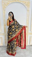 Noir Regal Mal Mal Silk Saree with Antique Gold Floral Zari & Crimson Border