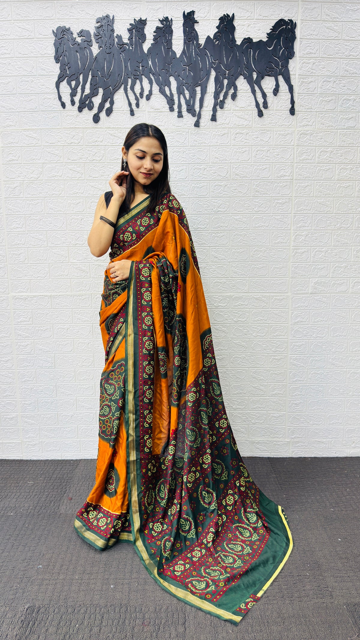 Traditional Mustard Orange Designer Saree with Deep Green Heritage Motifs