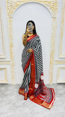 Luxury Black & White Striped Saree with Rich Red Zari Border & Traditional Statement Pallu
