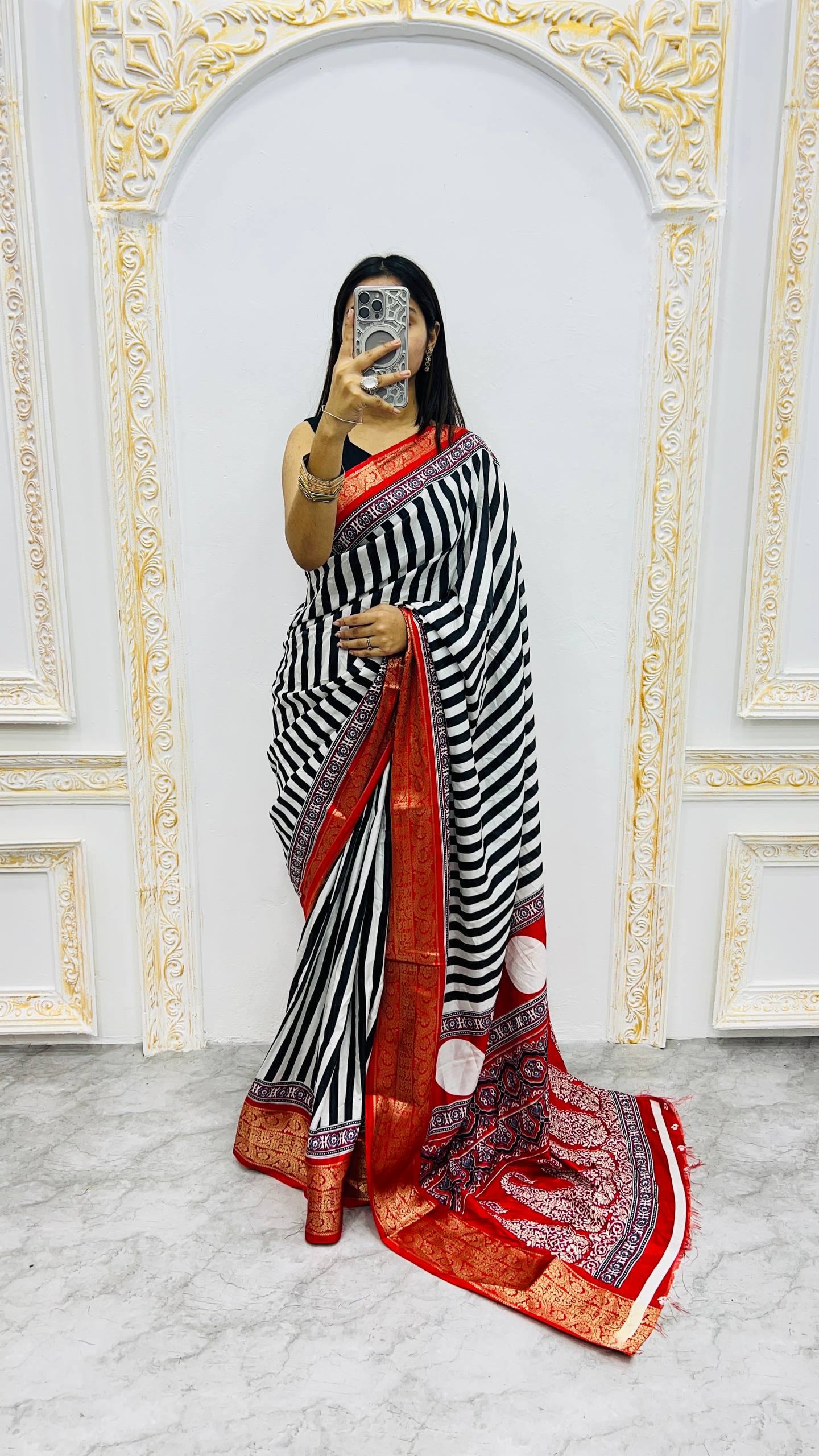 Luxury Black & White Striped Saree with Rich Red Zari Border & Traditional Statement Pallu