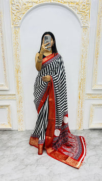 Luxury Black & White Striped Saree with Rich Red Zari Border & Traditional Statement Pallu