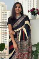 Midnight Ivory Ajrakh Silk Saree with Heritage Panel Pallu Design