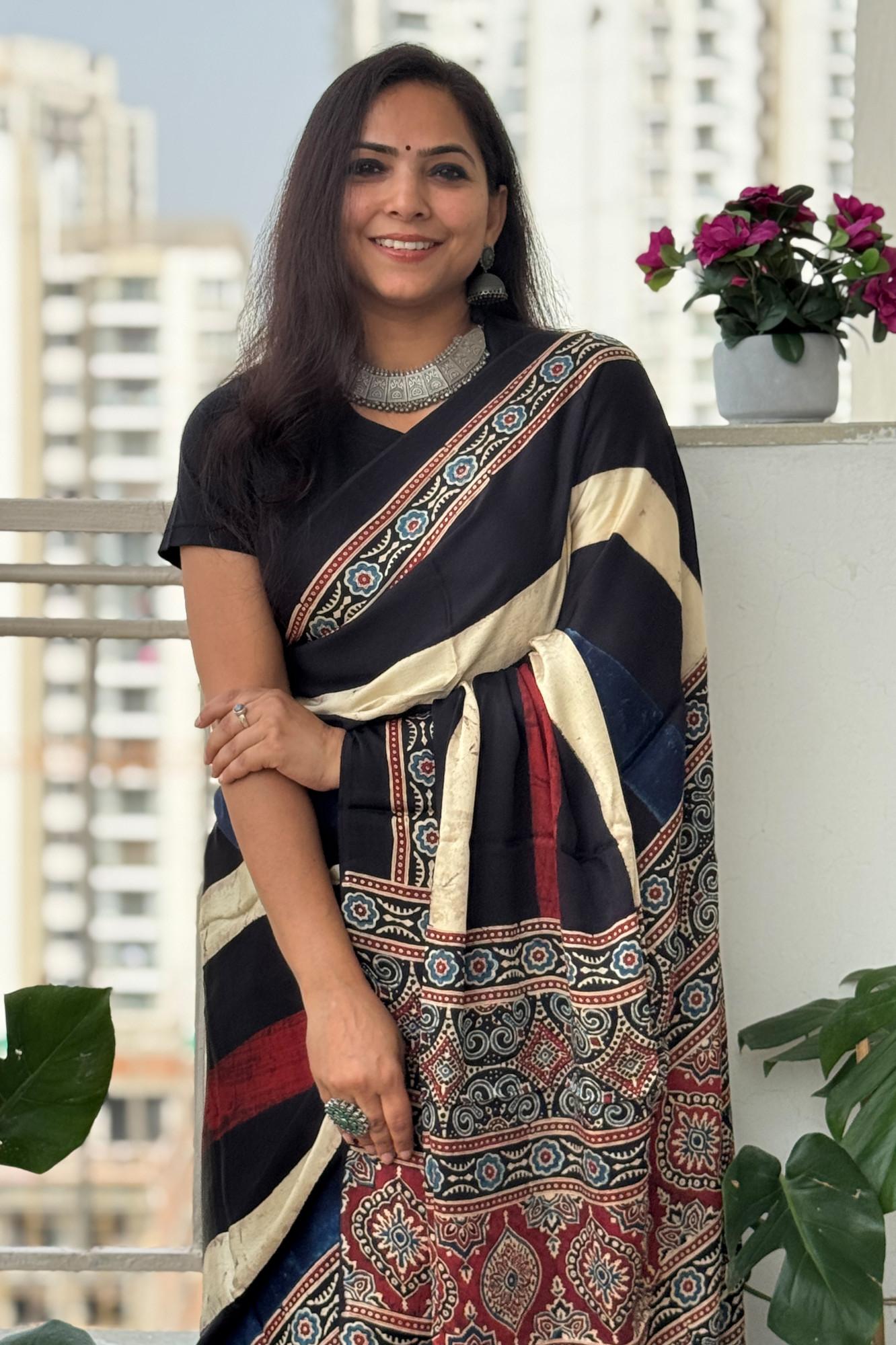 Midnight Ivory Ajrakh Silk Saree with Heritage Panel Pallu Design