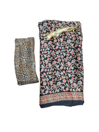 Luxury Black Printed Linen Saree with Intricate Floral Vine Design & Rich Traditional Pallu