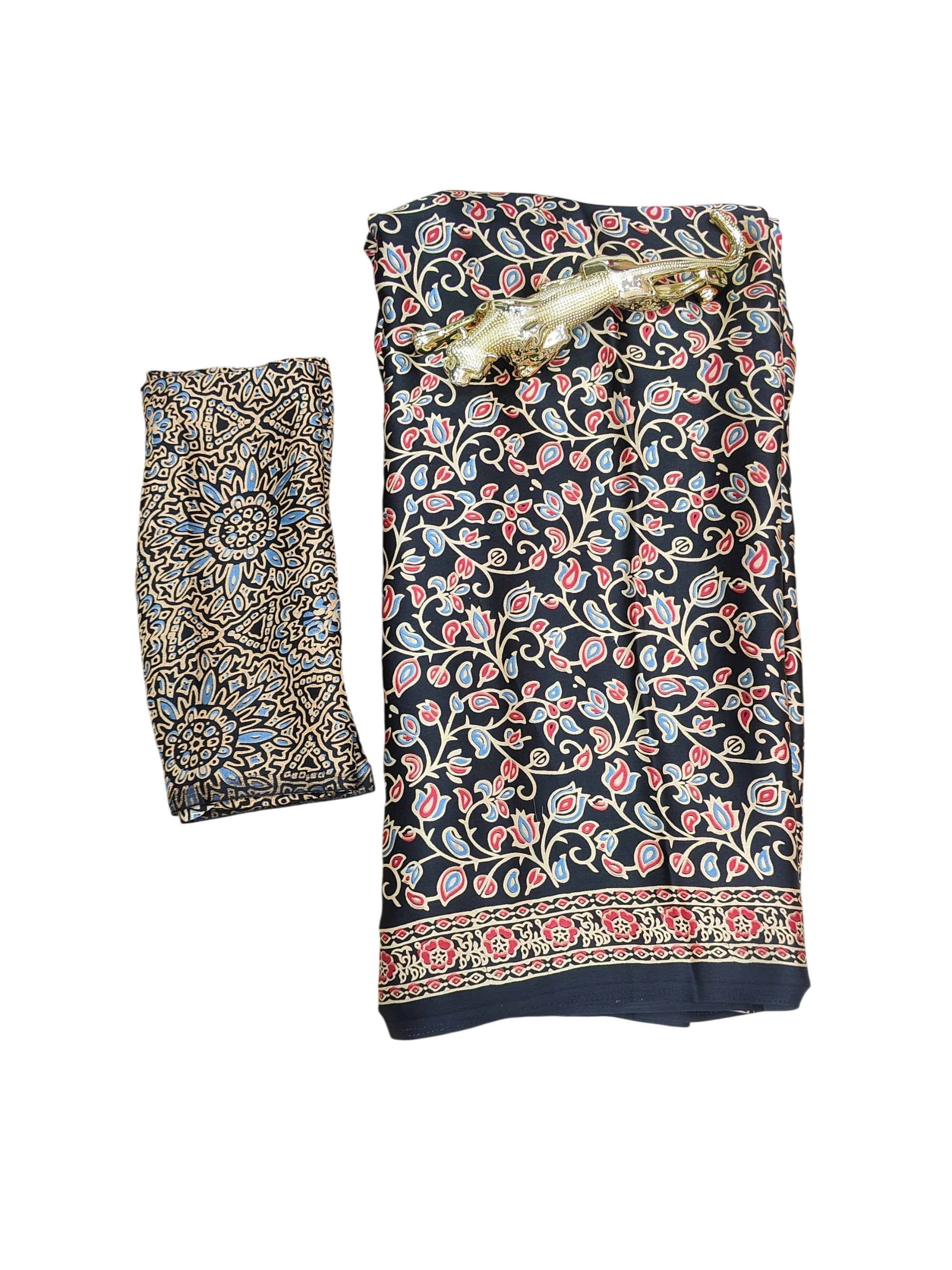 Luxury Black Printed Linen Saree with Intricate Floral Vine Design & Rich Traditional Pallu