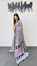 Elegant Charcoal Grey Floral Print Saree with Designer Ethnic Border & Tassels