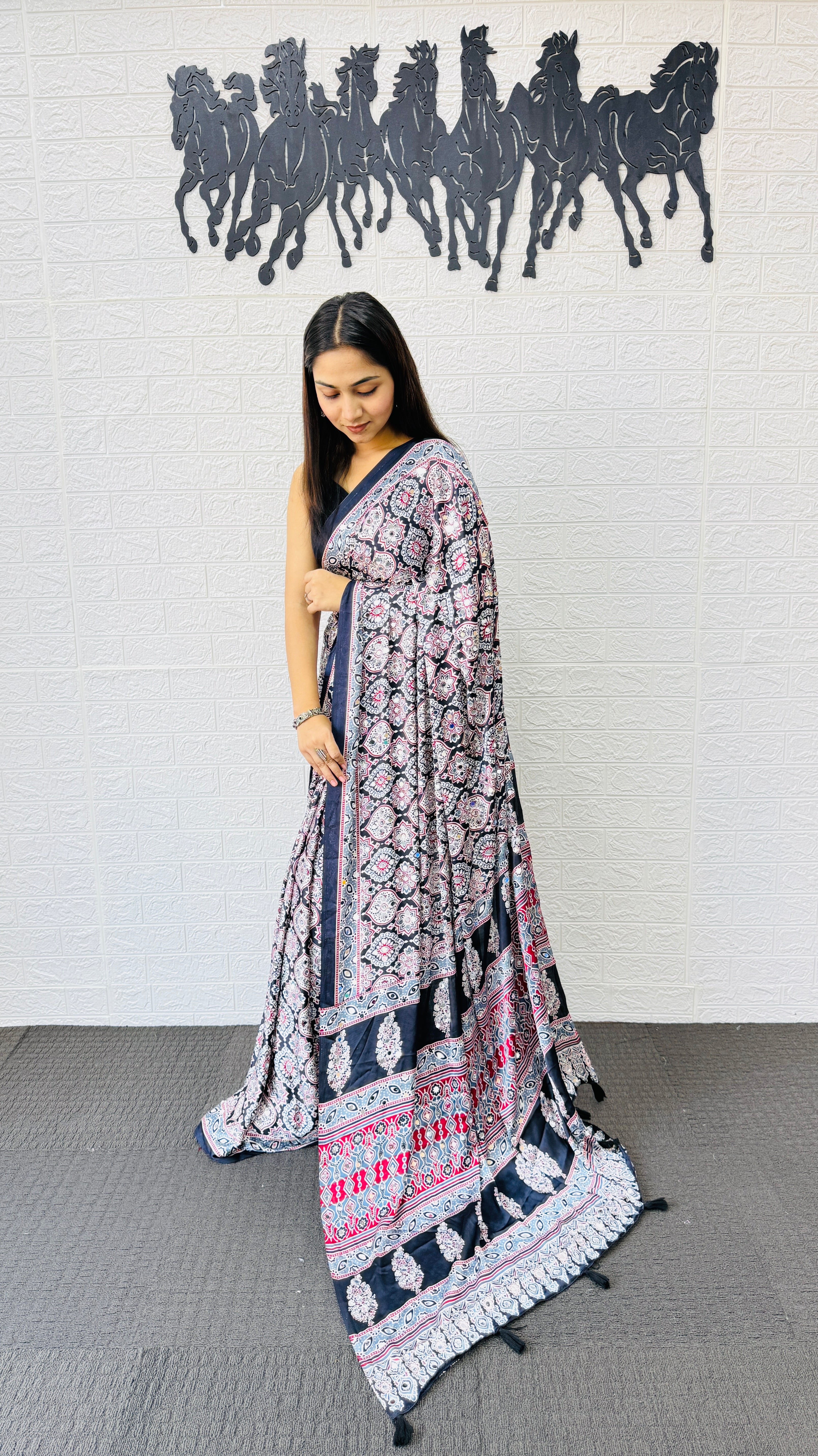Elegant Charcoal Grey Floral Print Saree with Designer Ethnic Border & Tassels