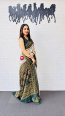 Elegant Ivory & Olive Green Traditional Printed Saree with Rich Ethnic Pallu