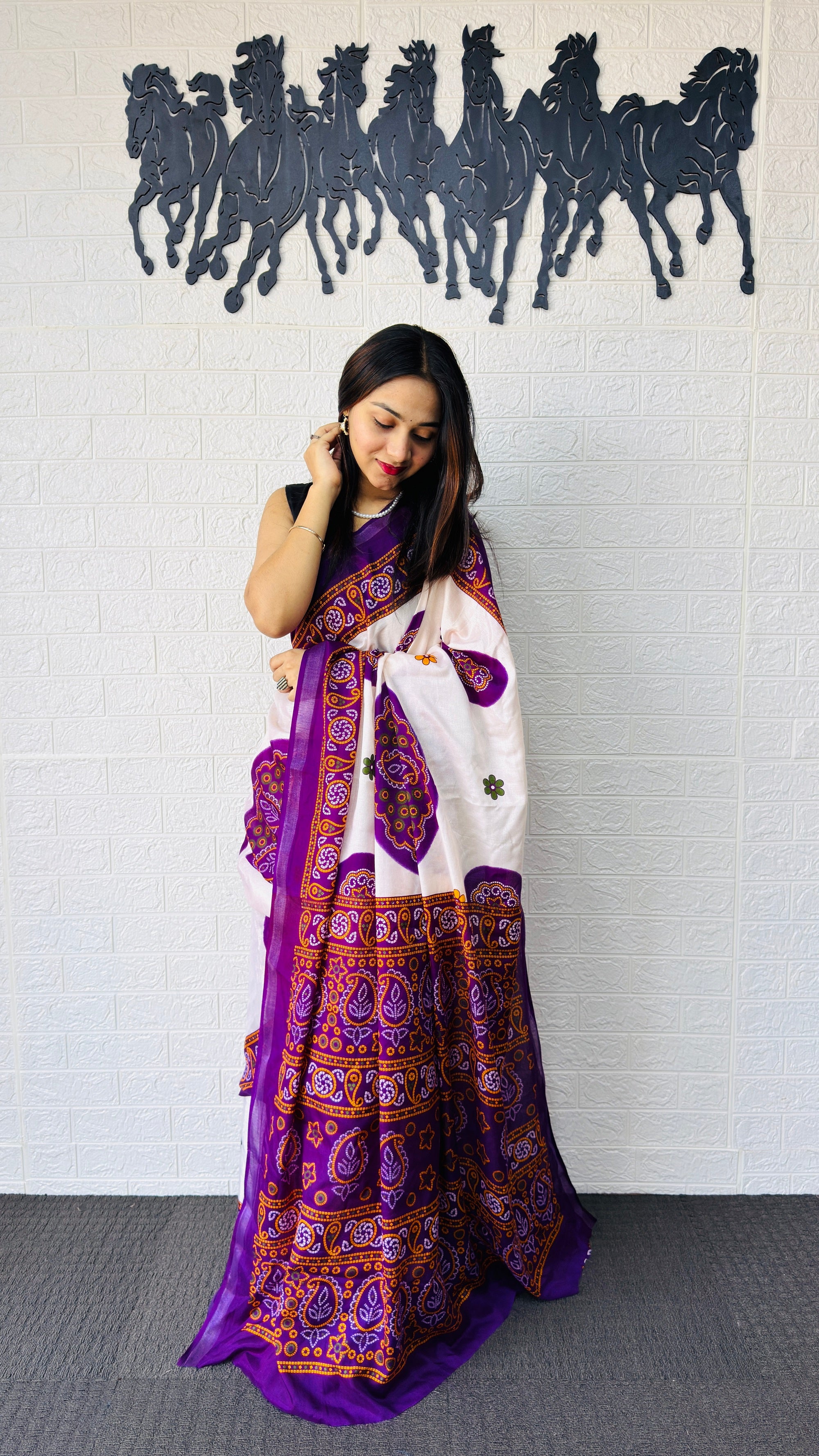 Graceful Ivory & Royal Purple Traditional Printed Saree with Statement Ethnic Pallu