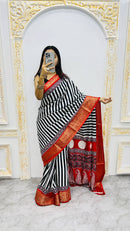Luxury Black & White Striped Saree with Rich Red Zari Border & Traditional Statement Pallu