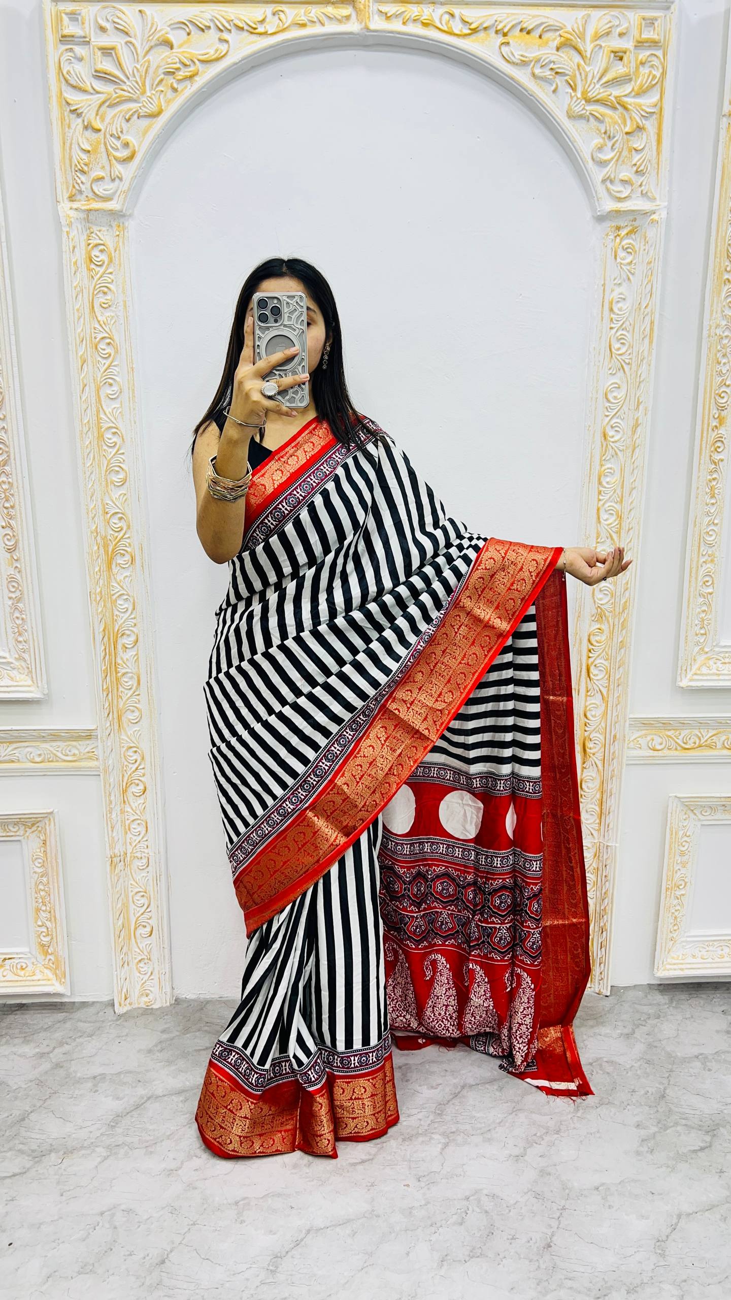Luxury Black & White Striped Saree with Rich Red Zari Border & Traditional Statement Pallu