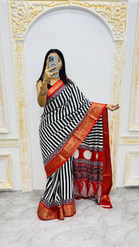 Luxury Black & White Striped Saree with Rich Red Zari Border & Traditional Statement Pallu