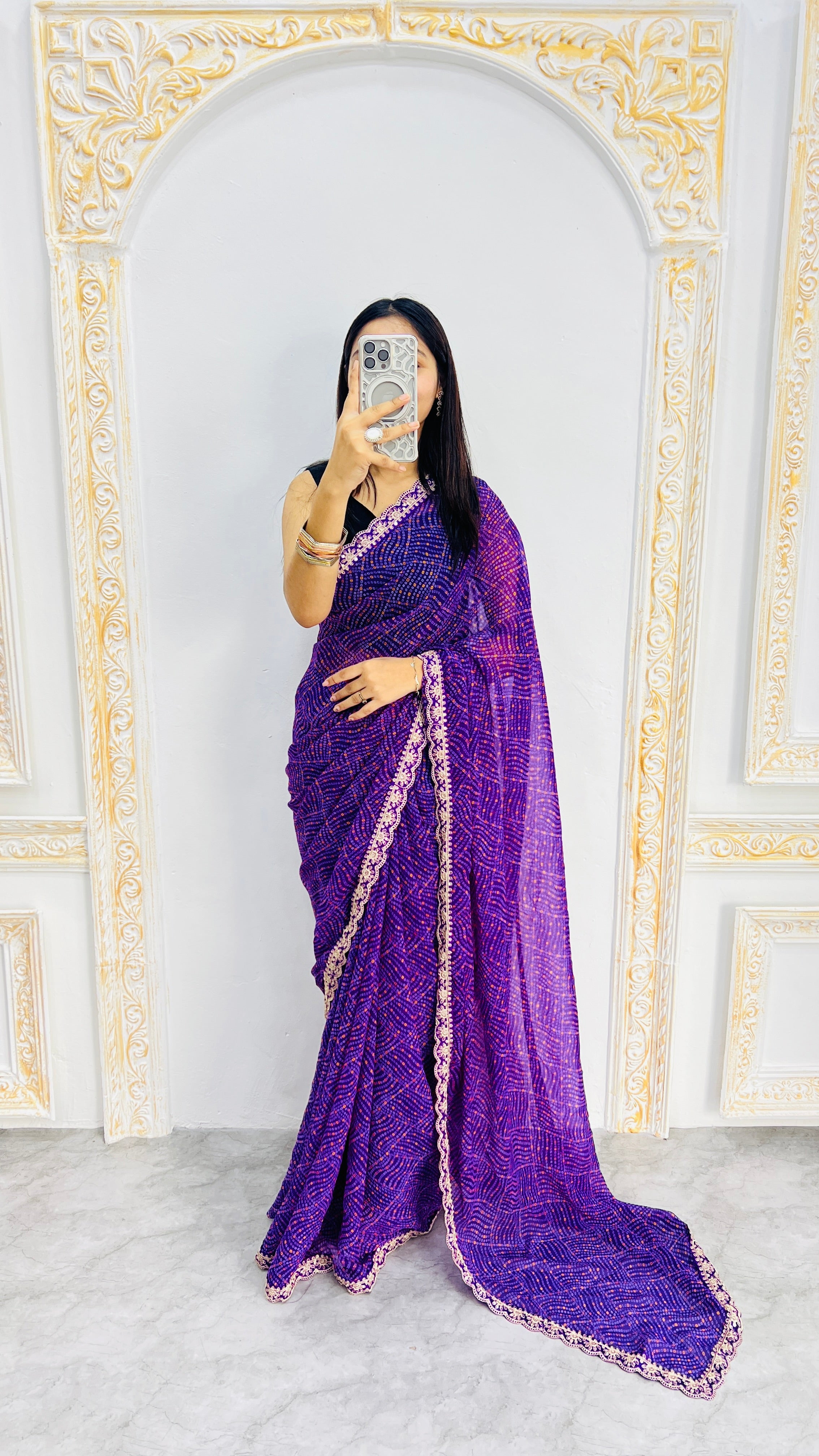 Luxury Royal Purple Linen Saree with Textured Micro Prints & Elegant Scalloped Lace Border