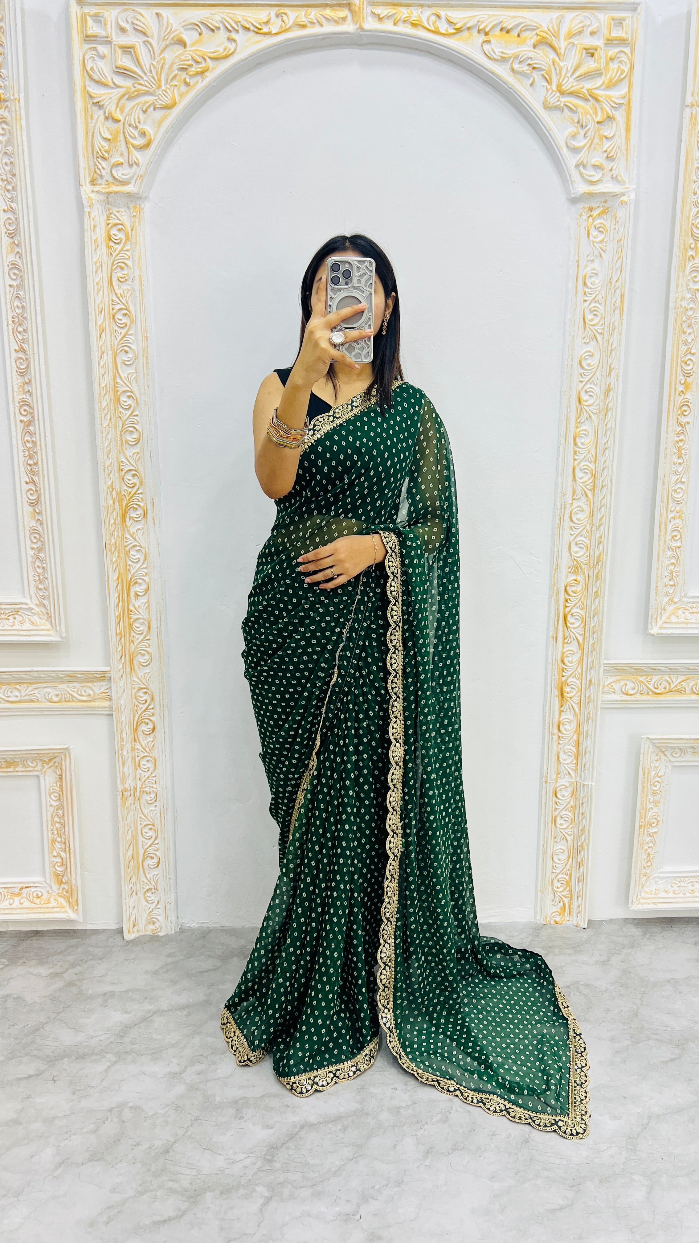 Luxury Bottle Green Bandhani Printed Saree with Elegant Scalloped Border & Timeless Festive Charm