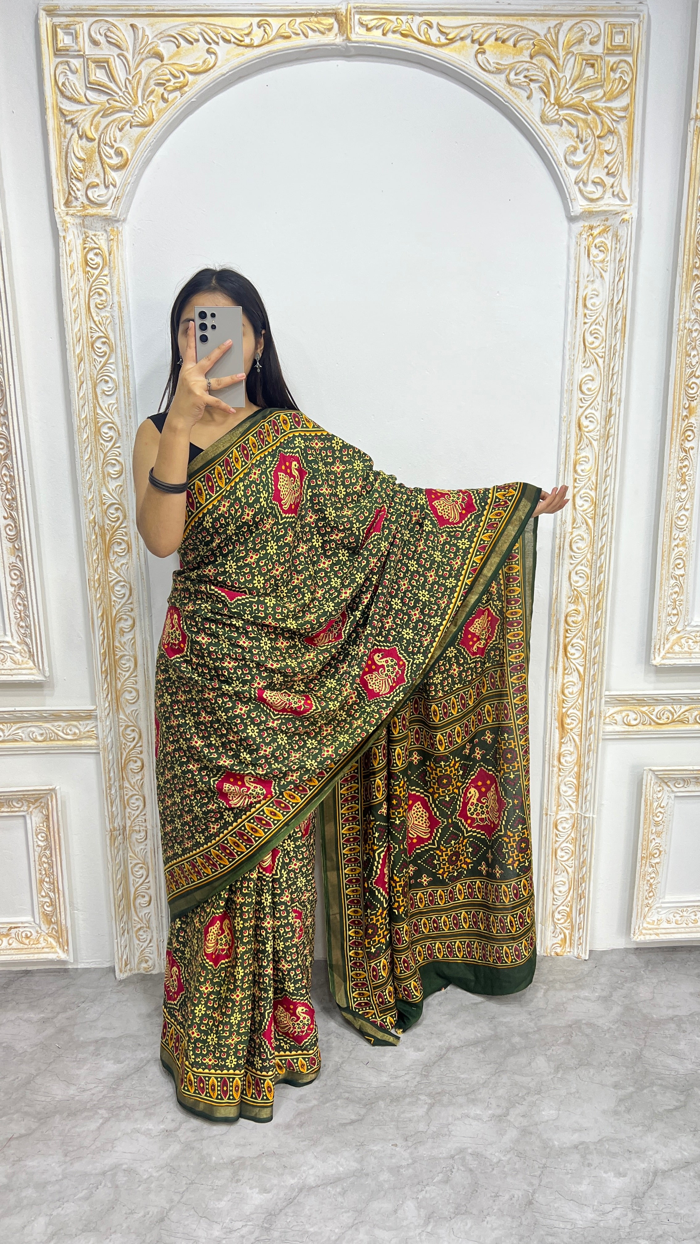 Luxury Olive Green Traditional Printed Saree with Heritage Motifs & Rich Ethnic Border