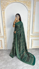 Luxury Emerald Green Ajrakh-Inspired Printed Saree with Intricate Heritage Motifs & Grand Designer Pallu