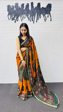 Traditional Mustard Orange Designer Saree with Deep Green Heritage Motifs