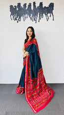 Elegant Teal Blue Designer Saree with Vibrant Red Folk Art Pallu