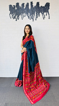 Elegant Teal Blue Designer Saree with Vibrant Red Folk Art Pallu