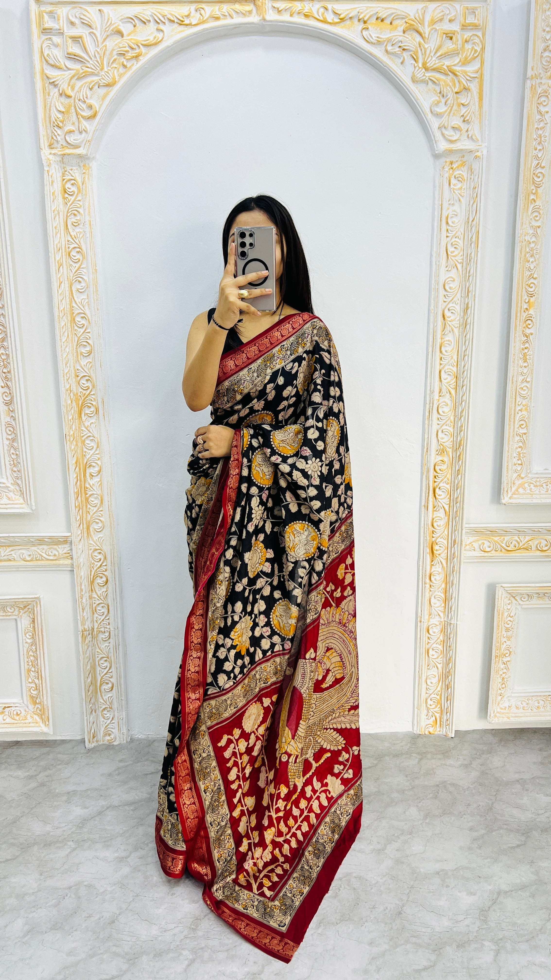 Noir Regal Mal Mal Silk Saree with Antique Gold Floral Zari & Crimson Border