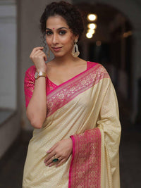 Cream Gold Silk Saree with Rani Pink Zari Border & Elegant Pallu