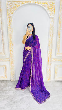 Luxury Royal Purple Linen Saree with Textured Micro Prints & Elegant Scalloped Lace Border