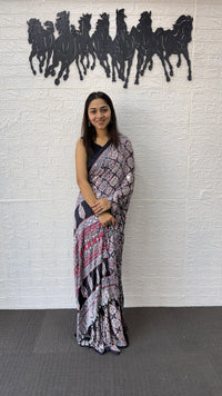 Elegant Charcoal Grey Floral Print Saree with Designer Ethnic Border & Tassels