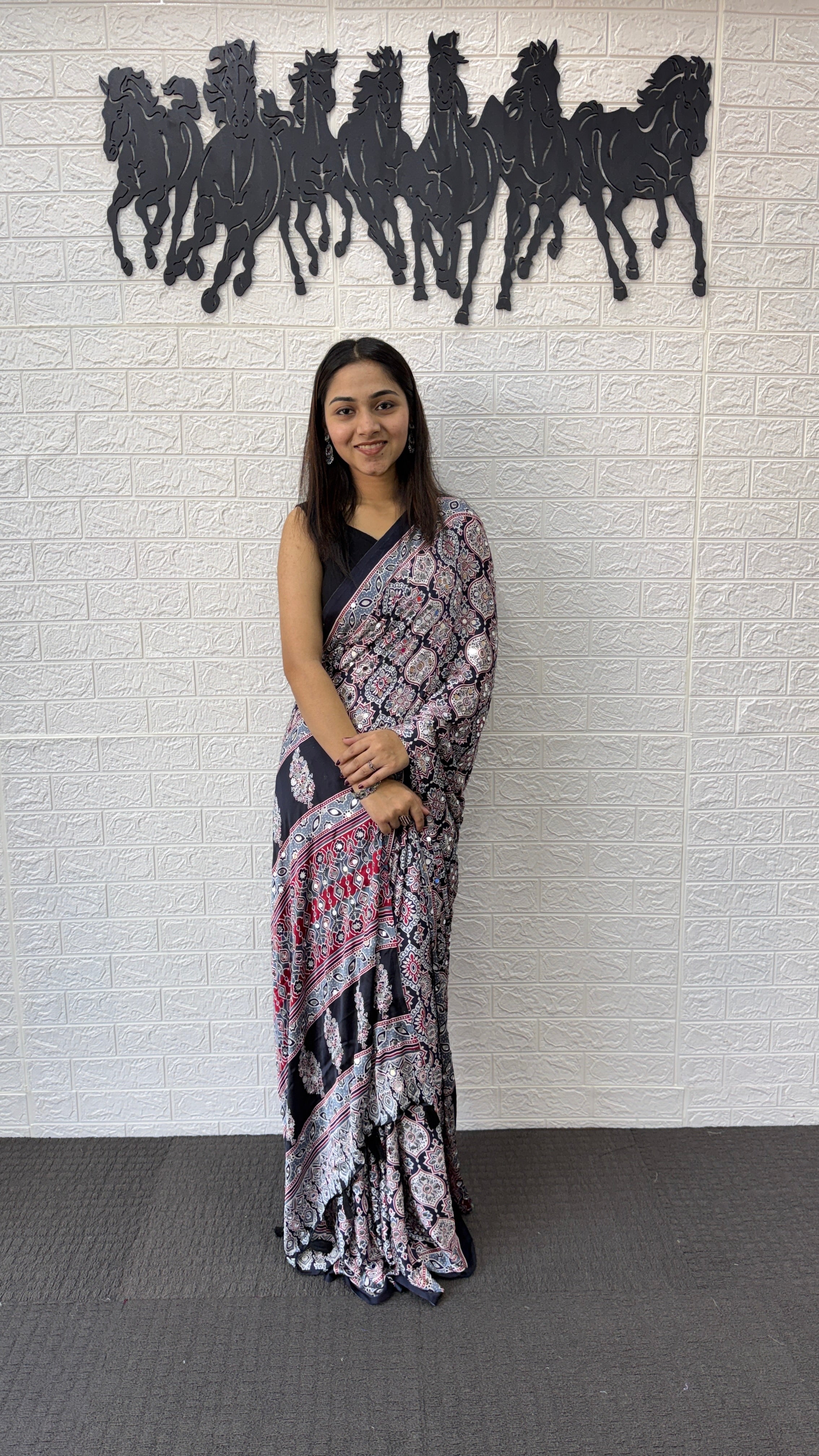 Elegant Charcoal Grey Floral Print Saree with Designer Ethnic Border & Tassels