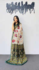 Elegant Ivory & Olive Green Traditional Printed Saree with Rich Ethnic Pallu