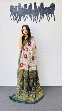 Elegant Ivory & Olive Green Traditional Printed Saree with Rich Ethnic Pallu