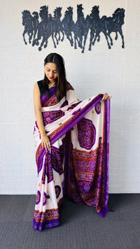 Graceful Ivory & Royal Purple Traditional Printed Saree with Statement Ethnic Pallu