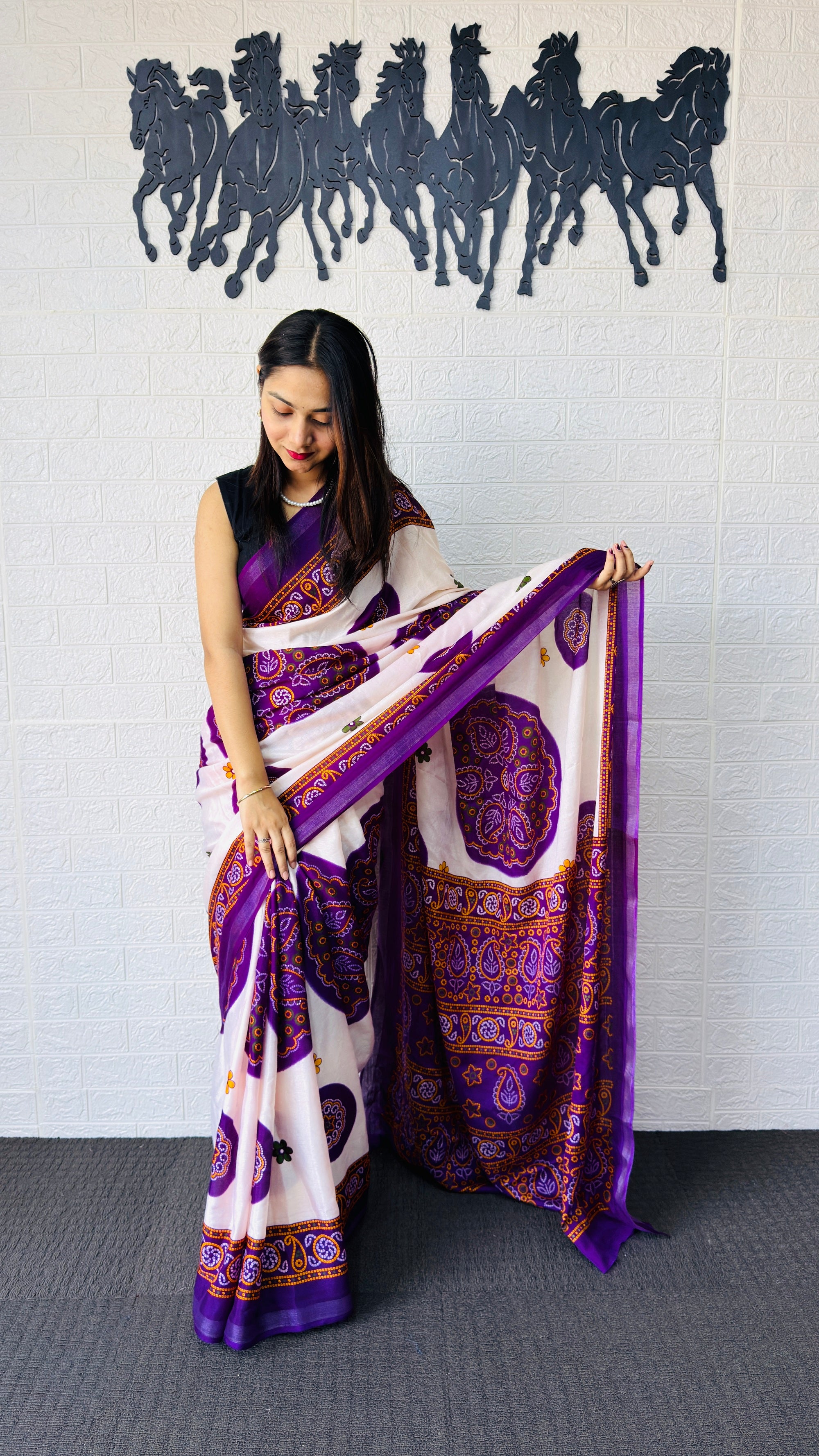 Graceful Ivory & Royal Purple Traditional Printed Saree with Statement Ethnic Pallu
