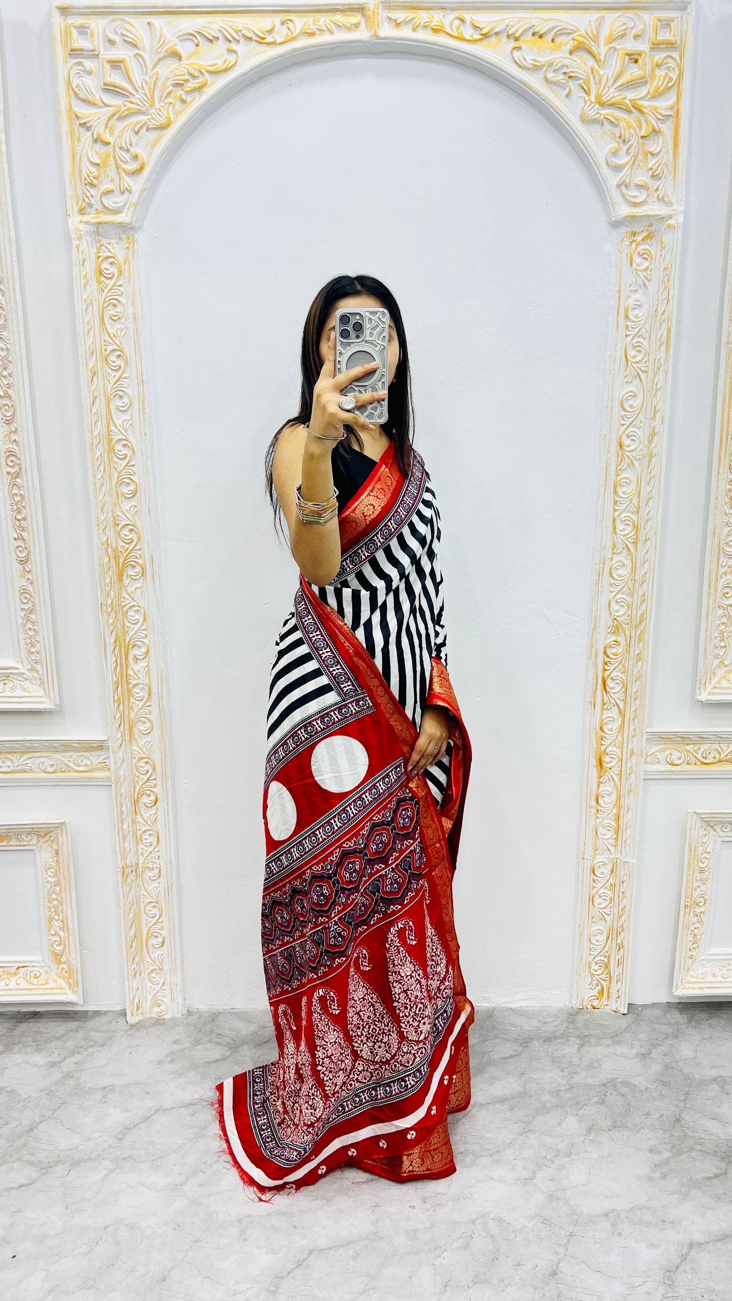 Luxury Black & White Striped Saree with Rich Red Zari Border & Traditional Statement Pallu