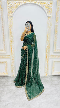 Luxury Bottle Green Bandhani Printed Saree with Elegant Scalloped Border & Timeless Festive Charm