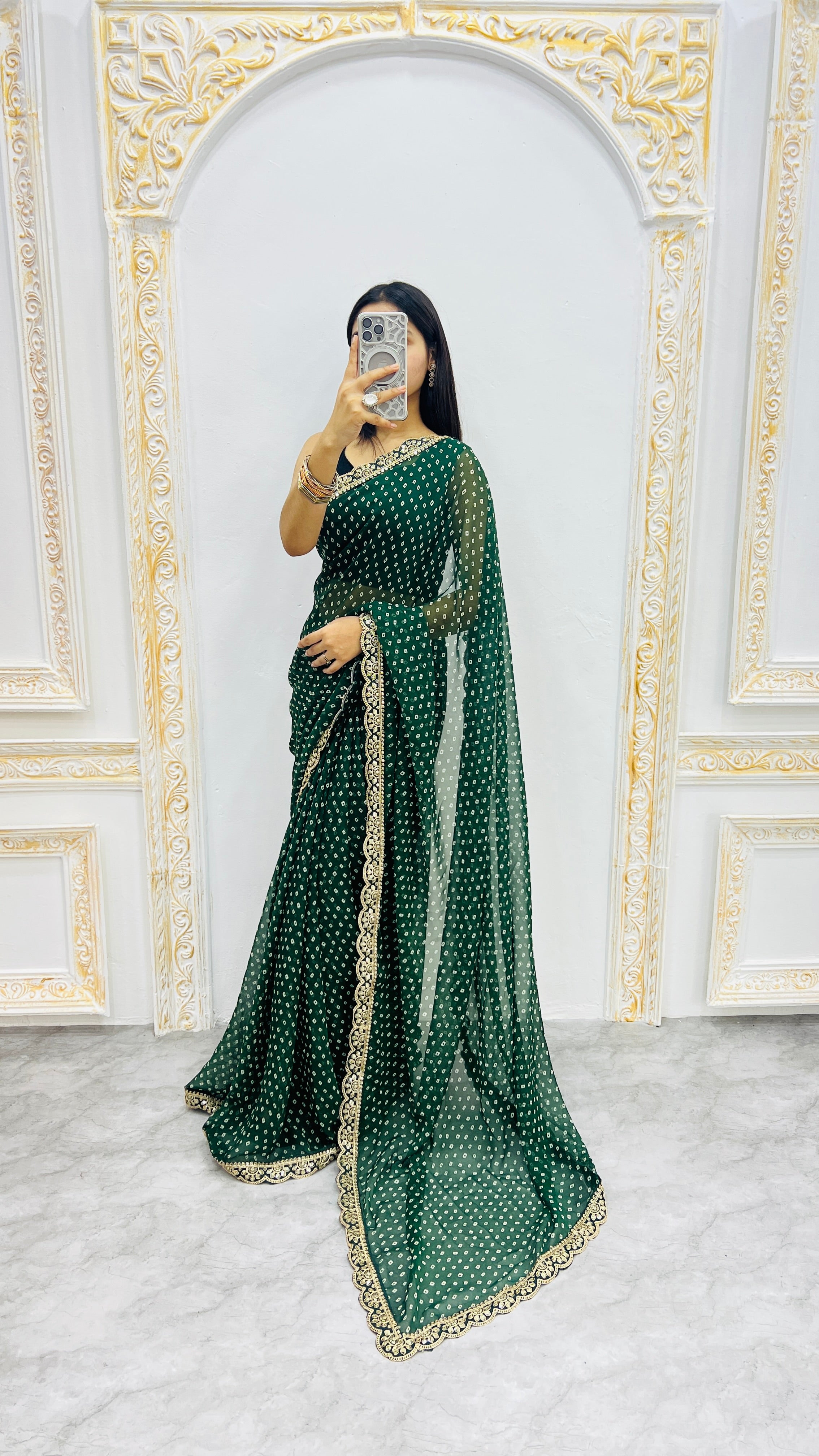 Luxury Bottle Green Bandhani Printed Saree with Elegant Scalloped Border & Timeless Festive Charm