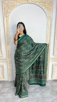 Luxury Emerald Green Ajrakh-Inspired Printed Saree with Intricate Heritage Motifs & Grand Designer Pallu