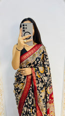 Noir Regal Mal Mal Silk Saree with Antique Gold Floral Zari & Crimson Border