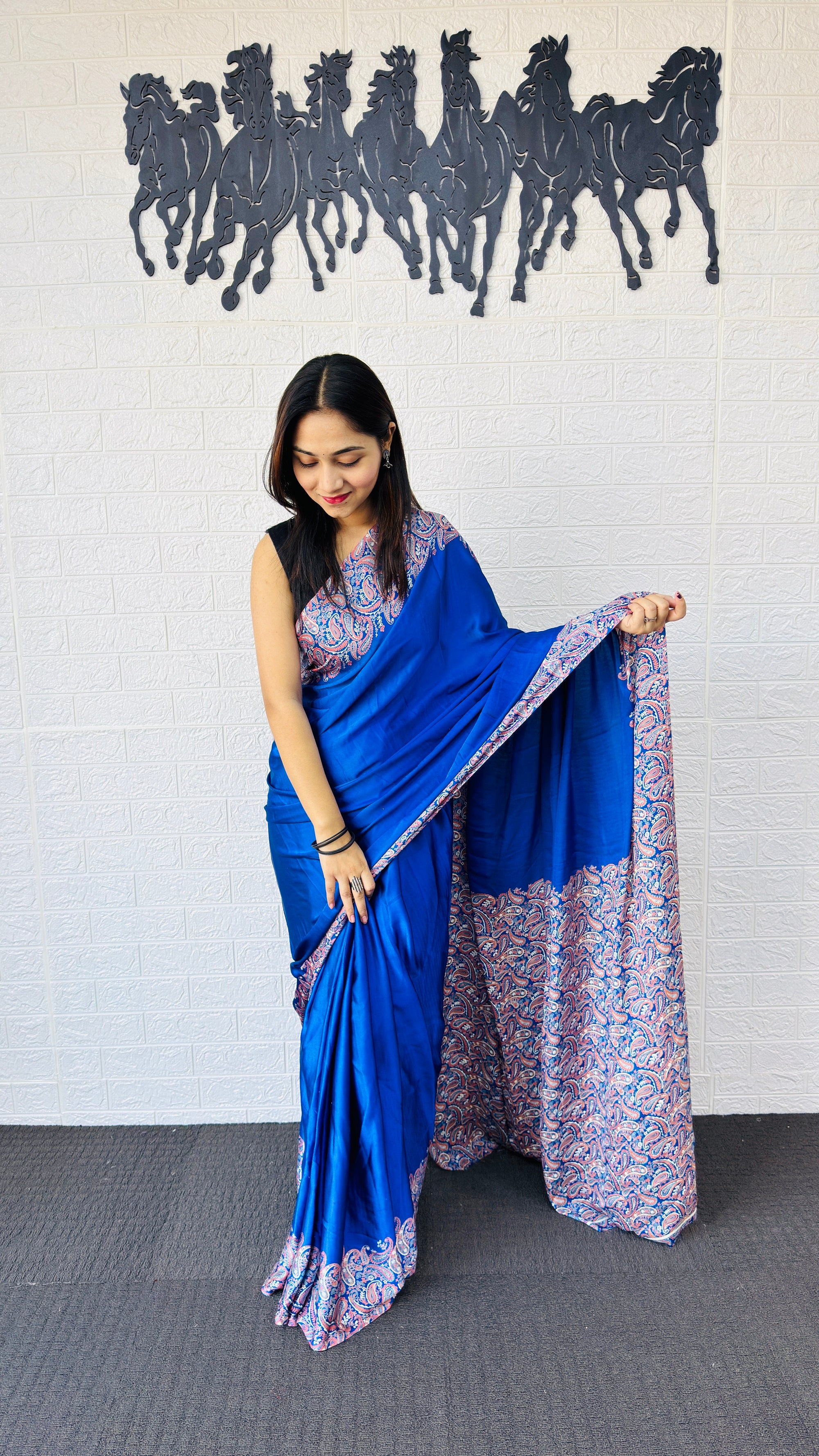 Royal Blue Designer Saree with Elegant Paisley Printed Border