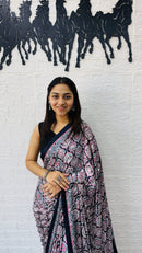 Elegant Charcoal Grey Floral Print Saree with Designer Ethnic Border & Tassels