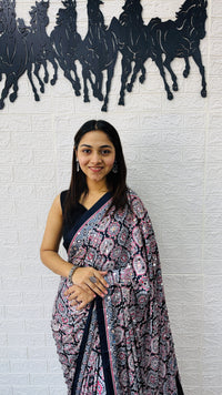 Elegant Charcoal Grey Floral Print Saree with Designer Ethnic Border & Tassels