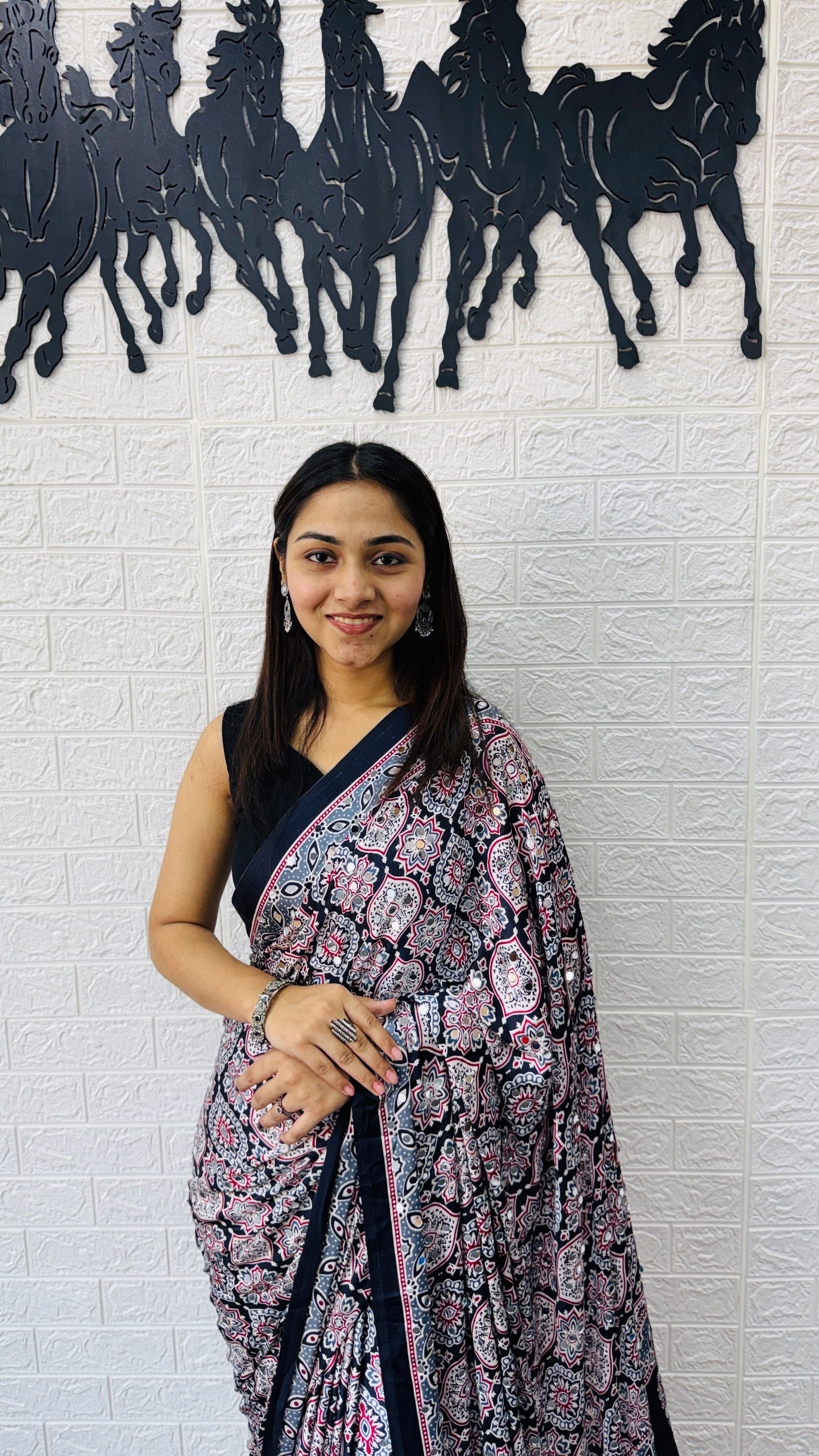 Elegant Charcoal Grey Floral Print Saree with Designer Ethnic Border & Tassels