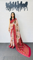 Graceful Ivory & Crimson Red Traditional Printed Saree with Rich Ethnic Pallu